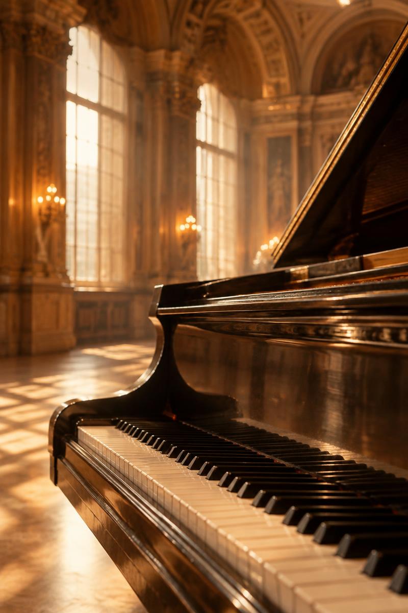 Flyygeli auringonvalossa historiallisessa salissa